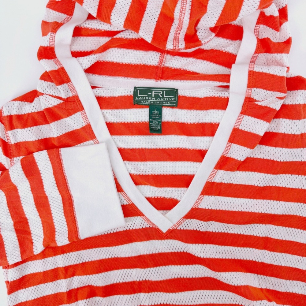 Lauren Active Ralph Lauren Hoodie Large Orange White Striped Mesh V-Neck Top